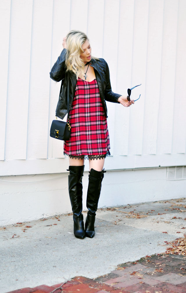 Plaid dress with lace trim - moto jacket- boots