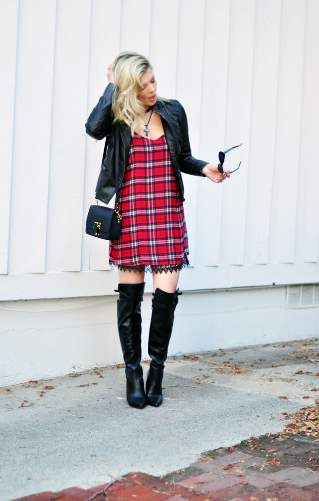 Plaid dress with lace trim - moto jacket-boots