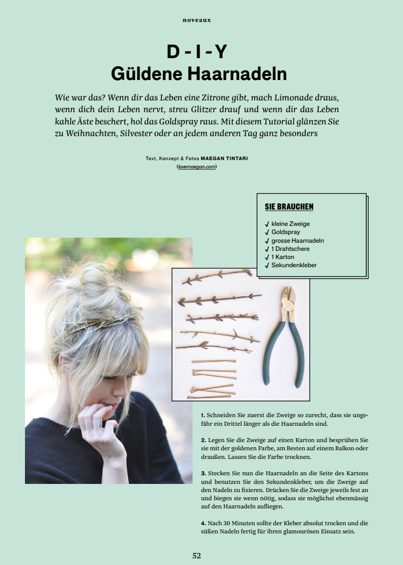 Noveaux Magazine Featuring DIY Gold Branch Hair Pins