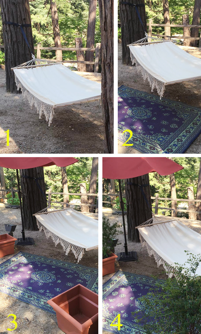 Setting up a backyard boho hammock escape