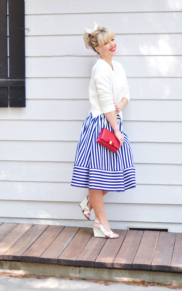 Striped midi skirt_50s modern look_red lips+bangs