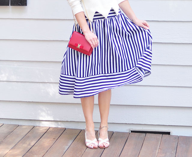 Striped midi skirt_red Ferragamo bow bag