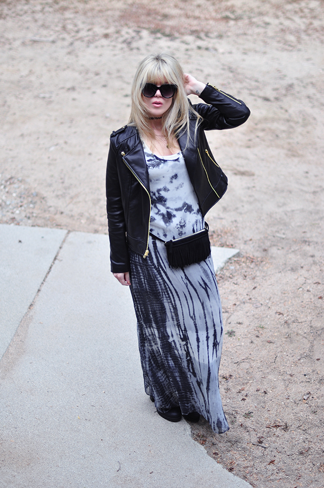 Tie dye maxi with leather jacket