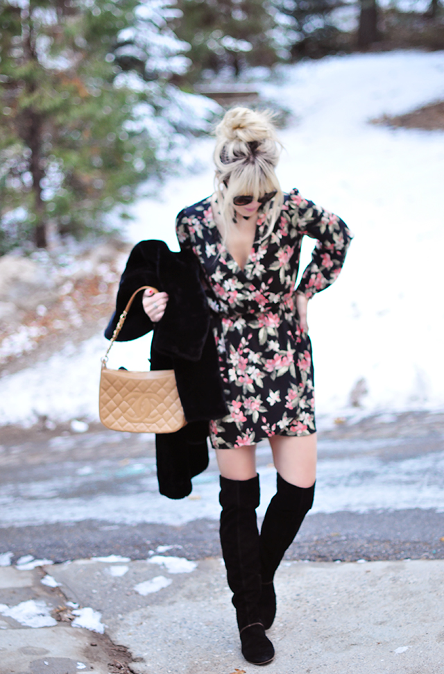 Wrap dress_Suede over the knee boots_chanel bag_winter style