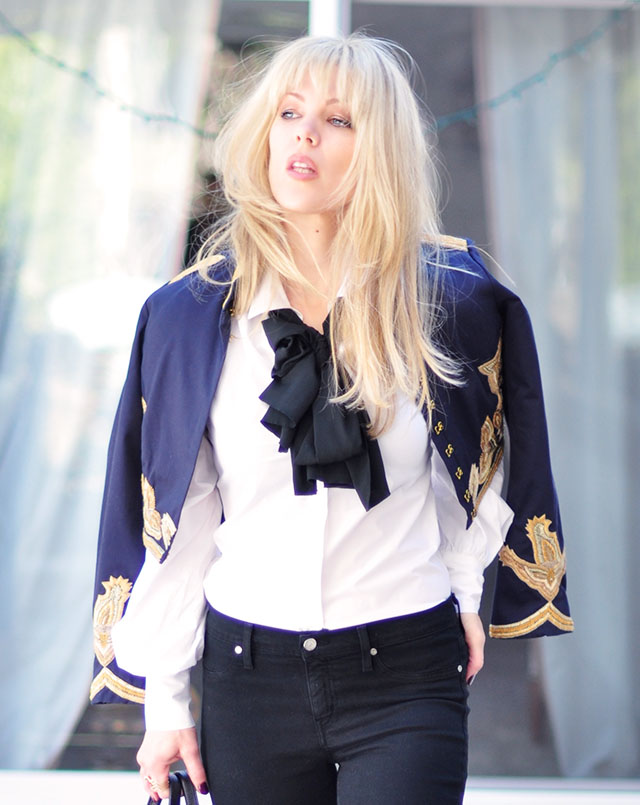 band jacket- shirt with bow -blonde hair with bangs