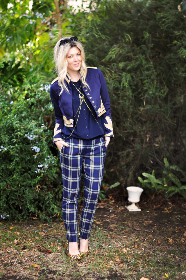 band leader look  - gold and navy - plaid pants