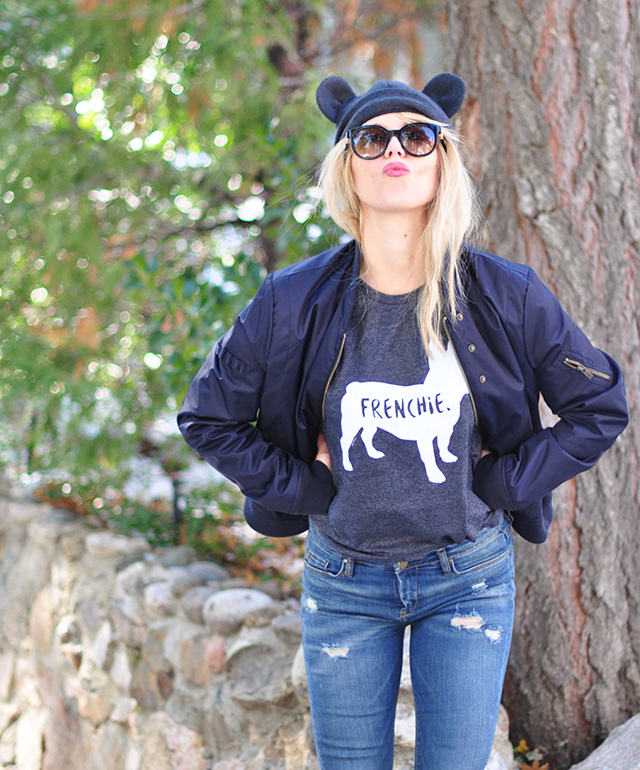 beanie with ears_frenchie t-shirt_flight jacket