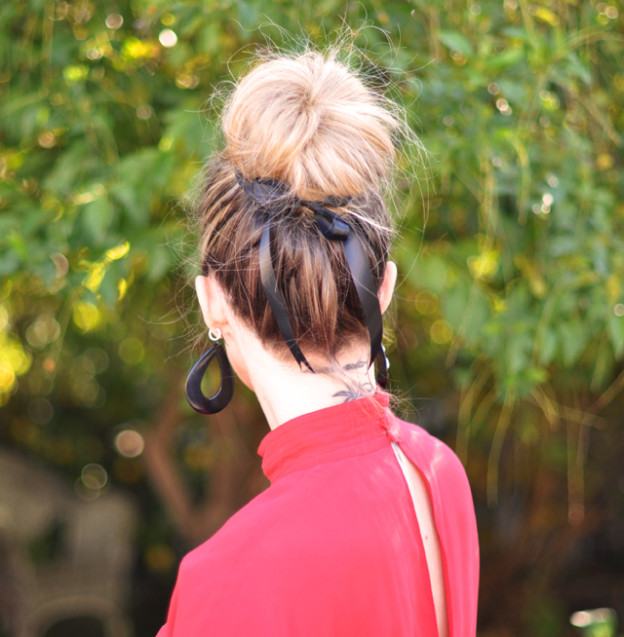 big sock bun with pretty black bow