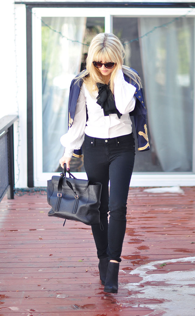 black jeans white blouse