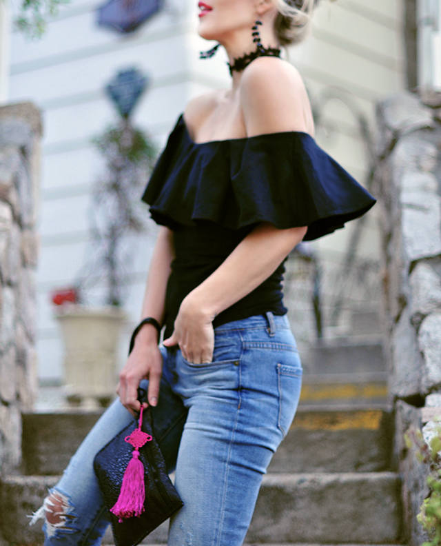 black off the shoulder top _pink tassel