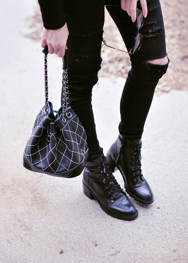 black on black_combat boots_vintage chanel mini bucket bag