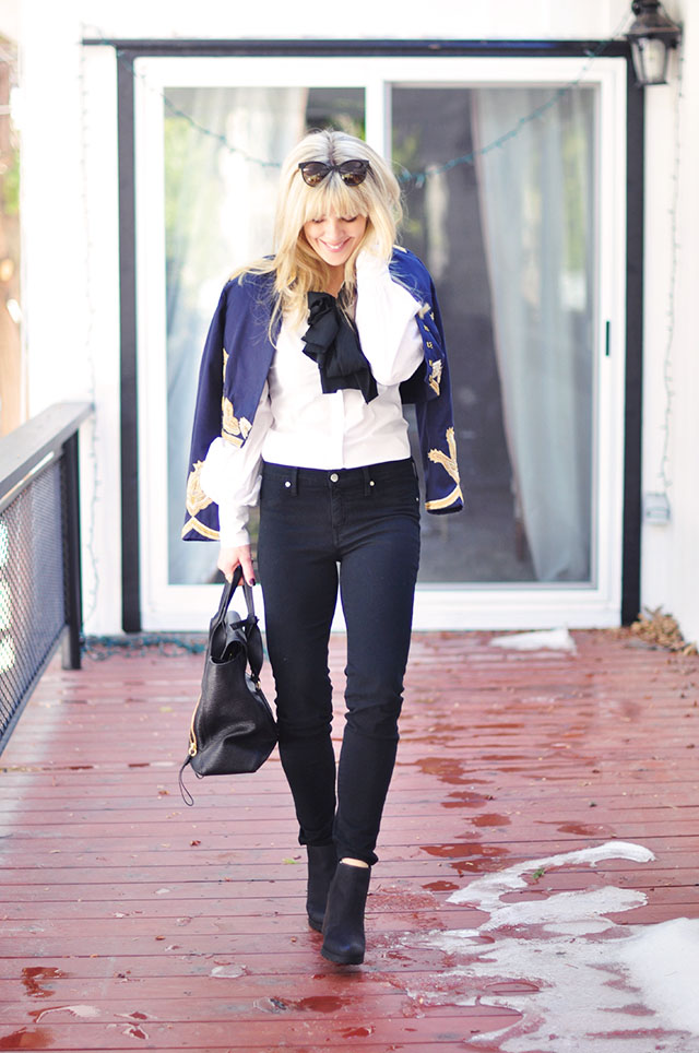 black skinny jeans - crisp white shirt-band jacket