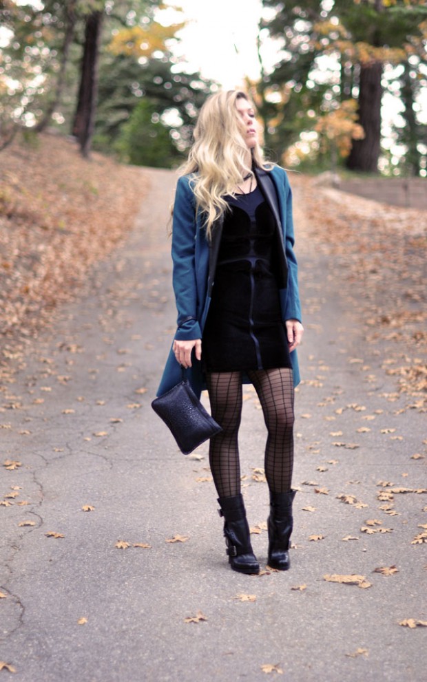 black velvet dress-teal jacket