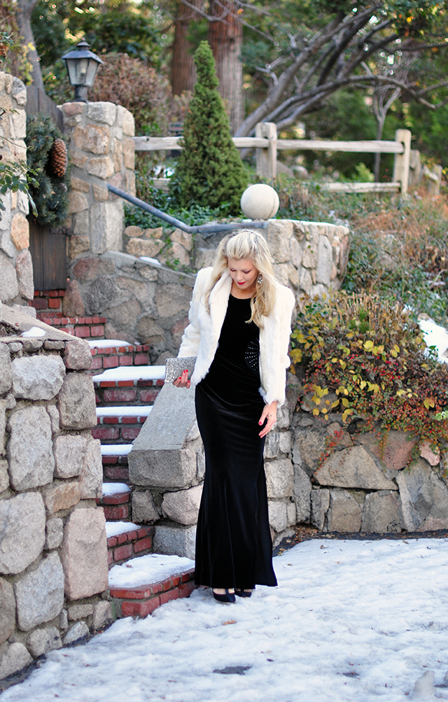 black-velvet-gown-and-white-jacket-in-the-snow