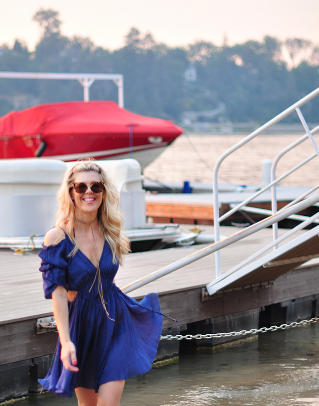 blue dress on lake arrowhead docks