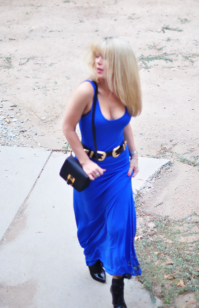 blue dress with double buckle belt and boots