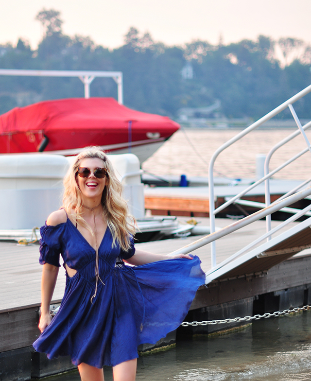 blue floaty dress on the lake