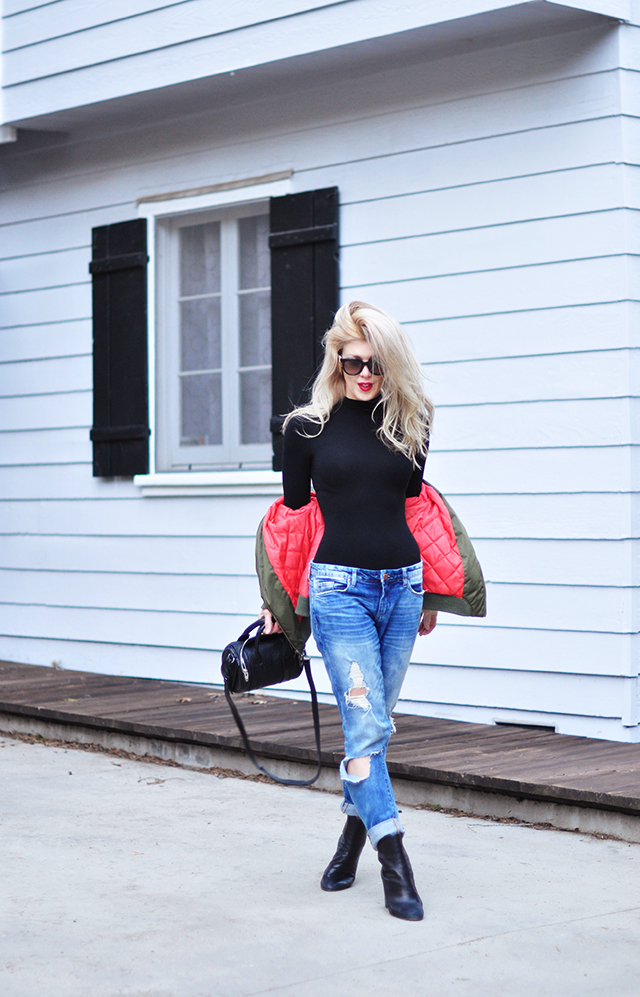 bodysuit and jeans and bomber jacket