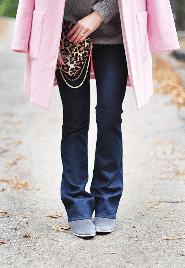 boot cut jeans -boots-pink coat-leopard bag