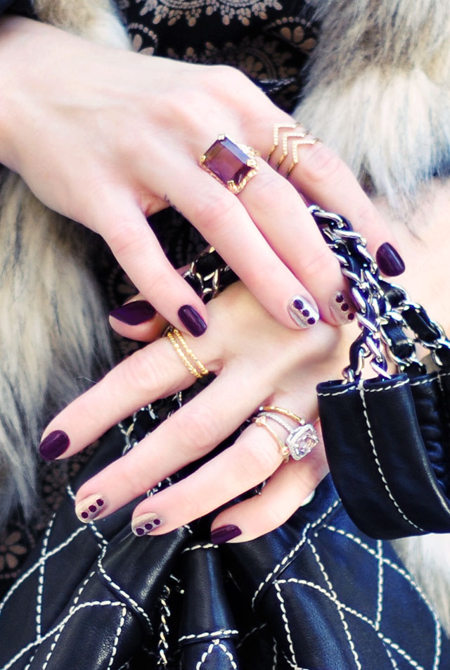 bordeaux nails with metallic  accents and dots