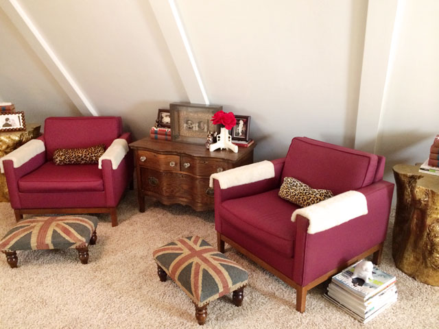 burgundy chairs-union jack foot stools