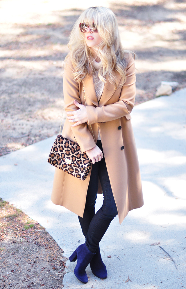 camel coat _ blue suede boots_leopard bag