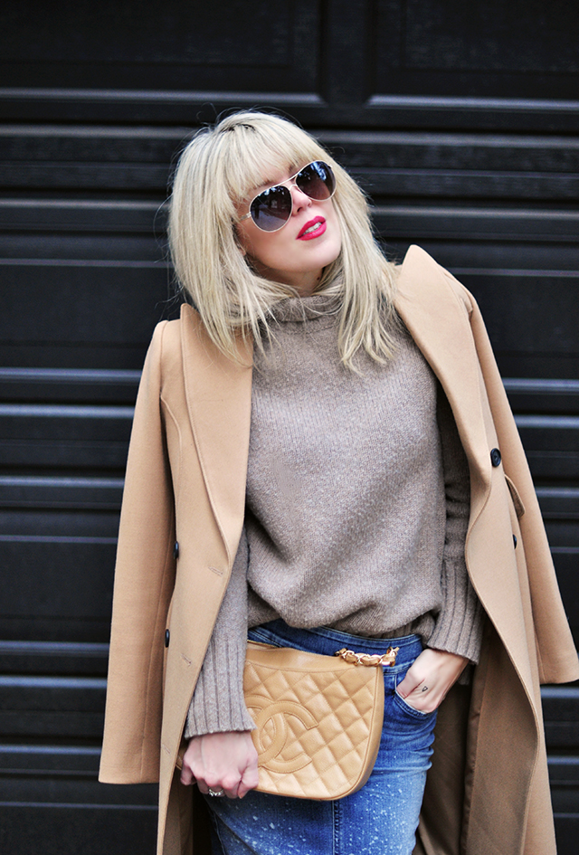 camel coat_chanel bag_ denim skirt_red lips