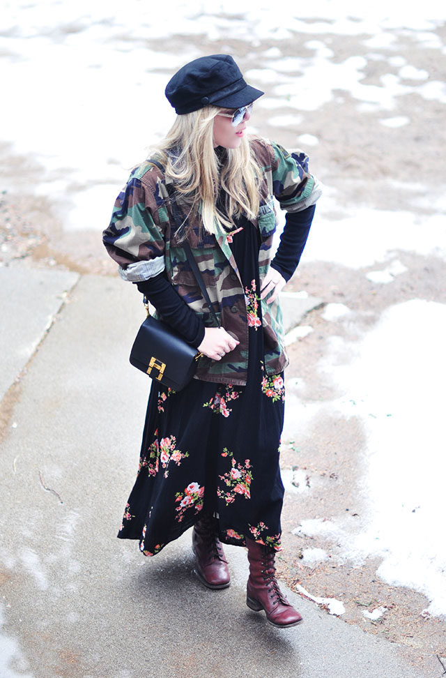 camo+floral print_maxi dress with boots