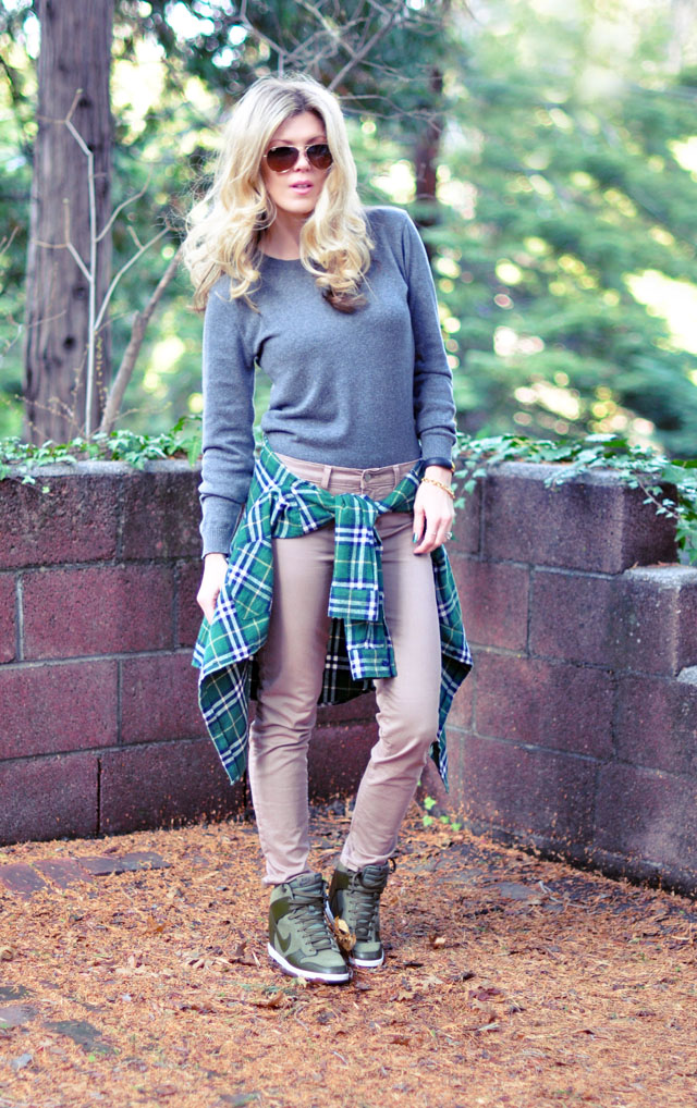 casual weekend outfit - green plaid + sneaker wedges