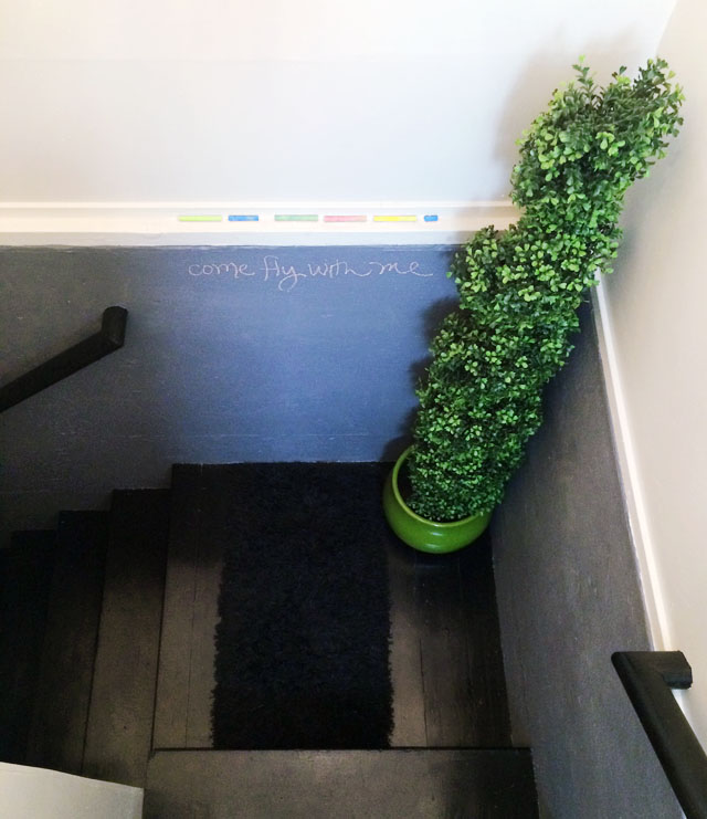 chalkboard paint stairwell  2 faux boxwood tree