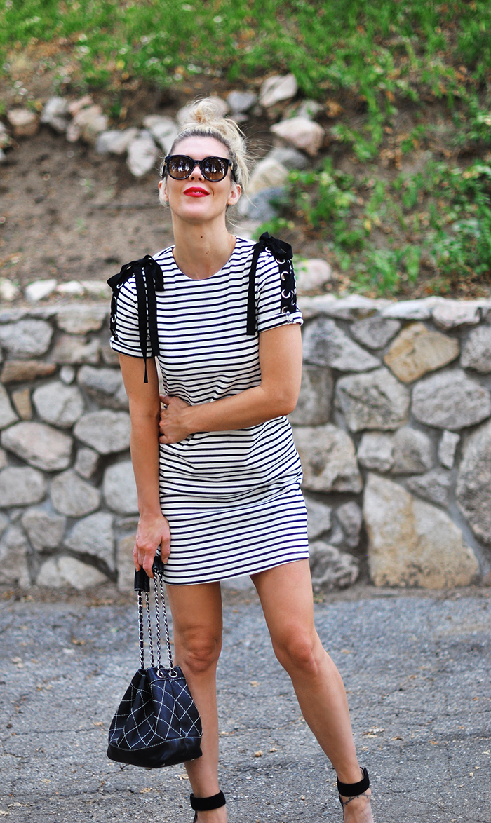 summer style, striped t-shirt dress, chanel bag, red lips