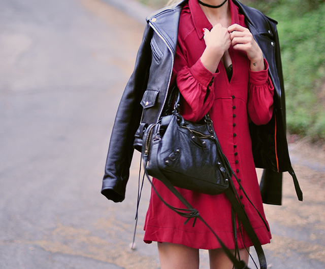 classic-biker-jacket_red-dress_balenciaga-bag