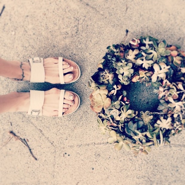 coach sandals+succulent wreath