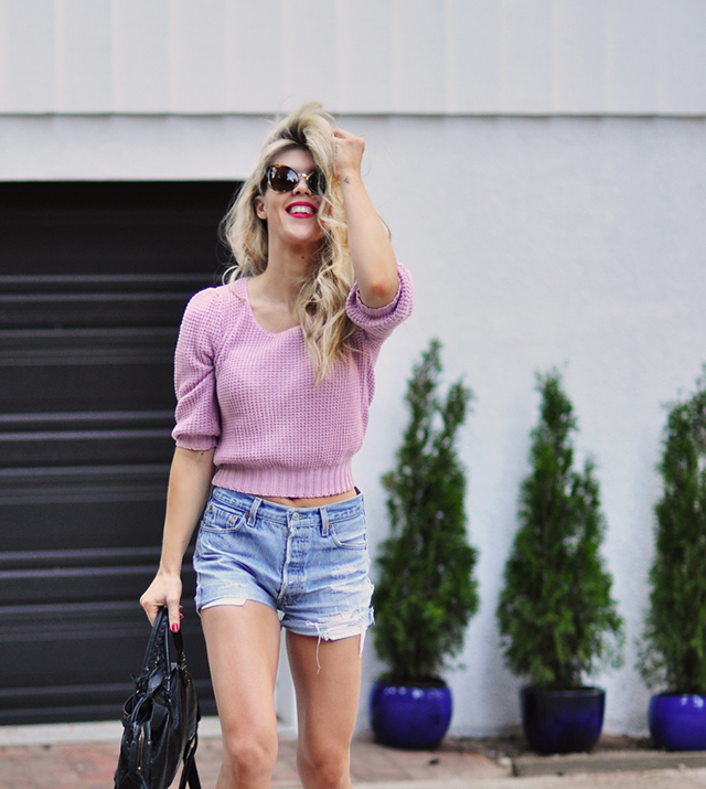 cut off denim shorts and pink sweater, cut offs, jean shorts, legs, muscular legs