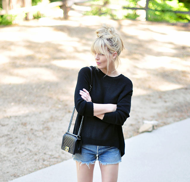 cut offs and a sweater+chanel boy bag