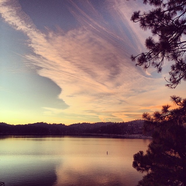 pink sunset & clouds reflecting on the lake