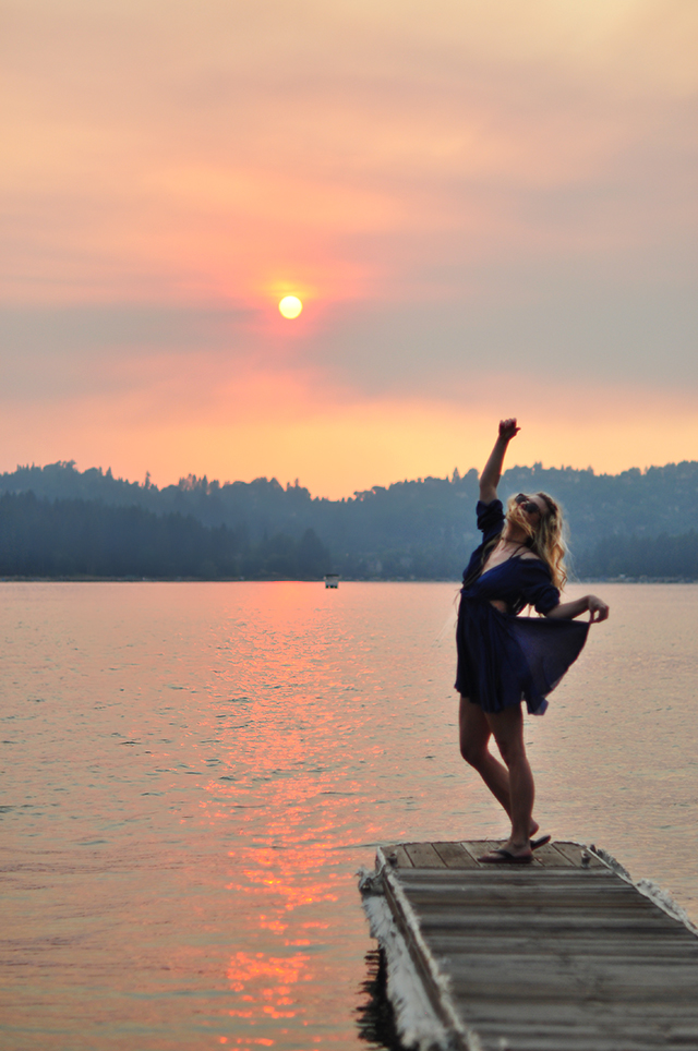 dancing on the dock_blue dress_lake arrowhead sunset over the water