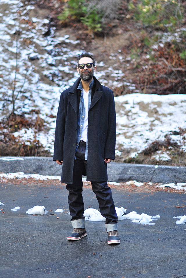 denim on denim menswear look with coat