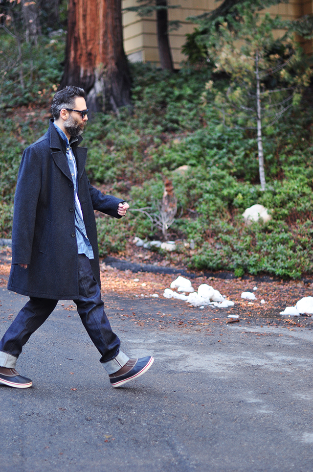 denim on denim menswear look  with winter coat