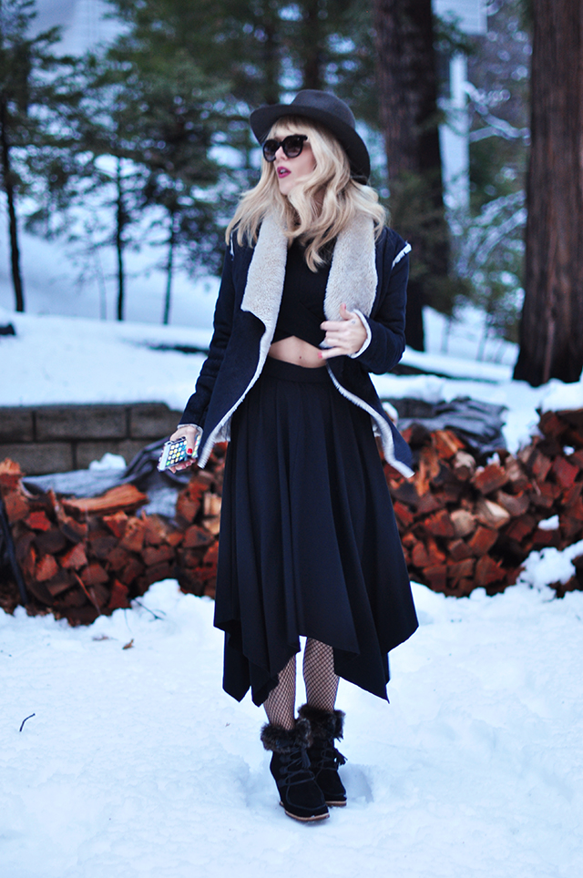 dress and fishnets in the snow