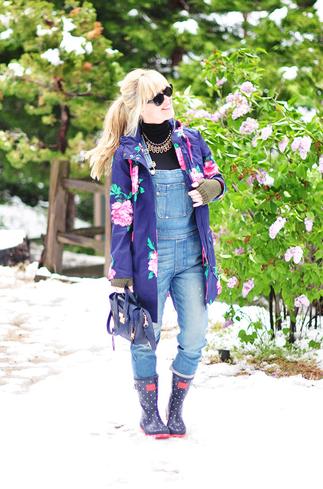 dressed up overalls in the snow_flower coat_polka dot rainboots_phillip lim bag