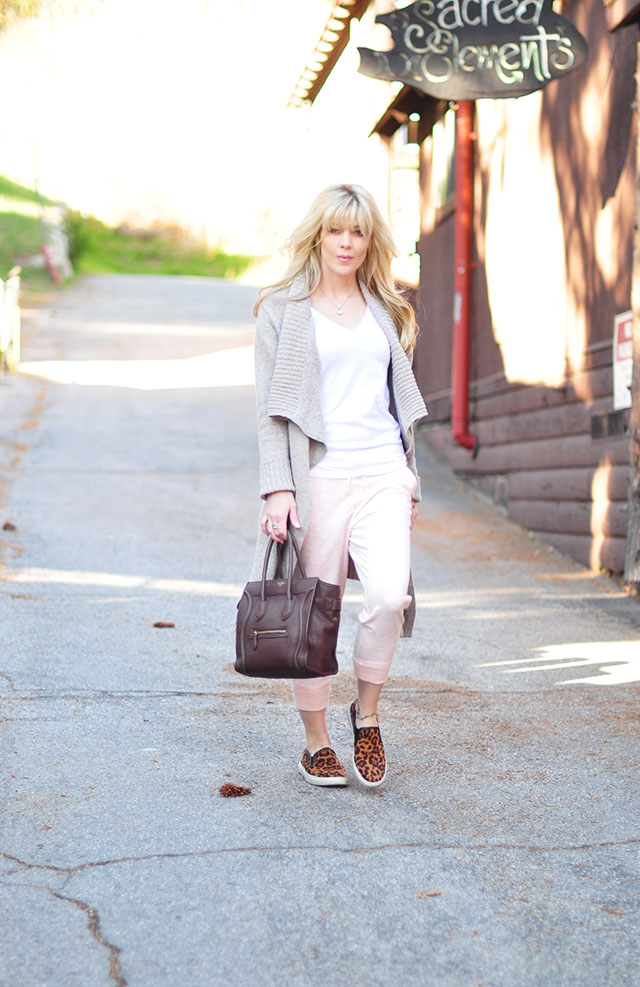 dressed up sweats_celine bag_leopard slip ons