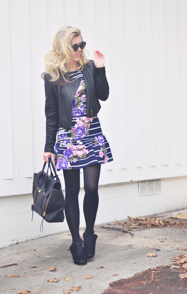 drop waist dress with leather jacket