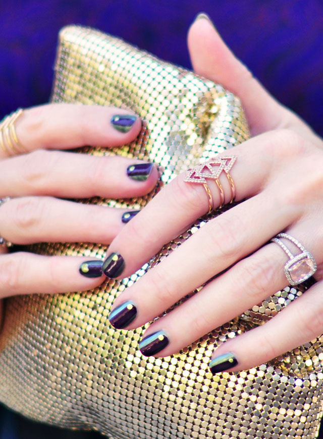 fall nails-green+purple+gold manicure