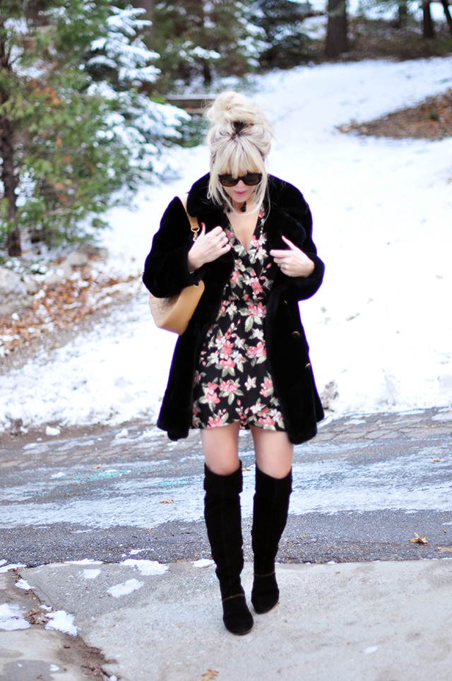 faux fur 60s coat_ floral dress_over the knee suede boots in the snow