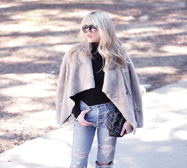 faux sheerling _ vintage levis_blonde bangs