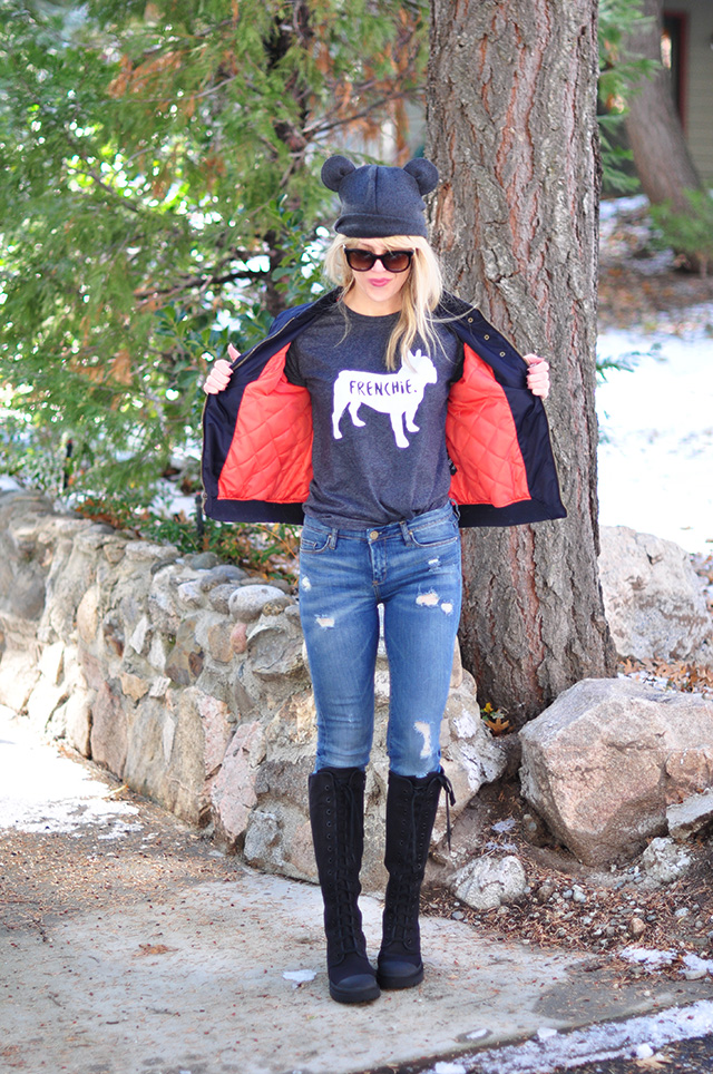 flight jacket in navy_jeans_frenchie tee_ears beanie_combat boots