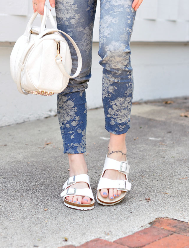 floral denim jeans- white birkenstocks