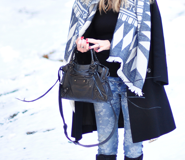 floral jeans_balenciaga bag_style in the snow