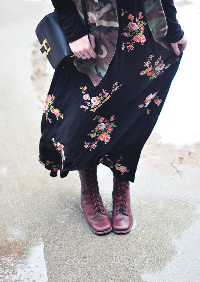 floral maxi dress_camo jacket_vintage lace up boots